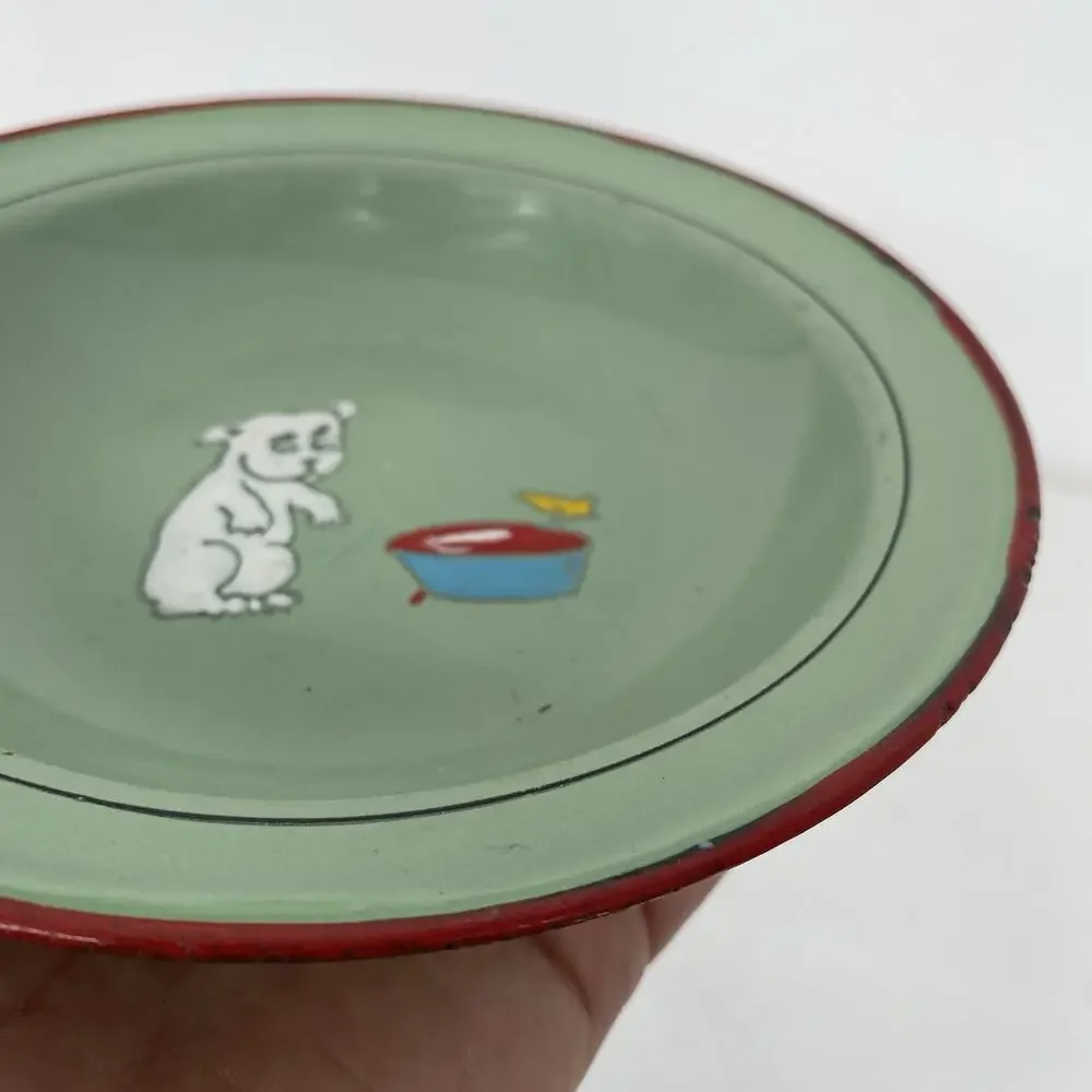 Antique Enamel Child’s Plate Germany Puppy Dog Feeding Bowl Green Red Rim